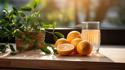 Glass of fresh citrus juice on the table near a plate with fresh fruits, soft focus background