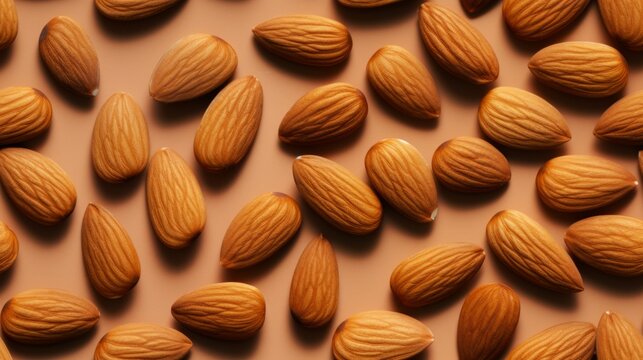 Organic Almond Nuts Photorealistic Horizontal Seamless Background. Nutritious Vegetarian Protein Snack. Ai Generated Seamless Background with Delicious Tasty Almond Nuts Arranged in lines.
