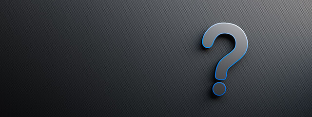 Black blue question mark on black background with empty copy space on left side, FAQ Concept. 3D Rendering