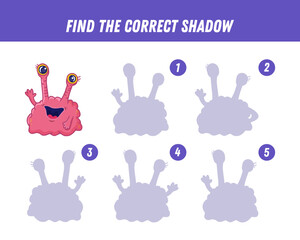 Find correct shadow of cute pink monster. Educational logical game for kids. Halloween game. Cartoon monster. Vector