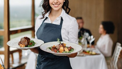  waitress carrying plates with meat dish on some festive event, party or wedding