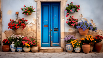 Fototapeta na wymiar Panorama blue front door with flowers pots near old textured wall. Beautiful botany garden decorated with wooden door with pink angela climbing rose, pretty tiny flowers 