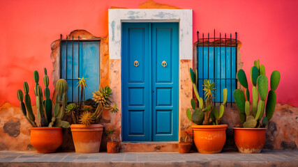 Mexico traditional colorful architecture with colourful orange house with old wooden green door and on street. Cactuses plants on an orange wall. Generative AI