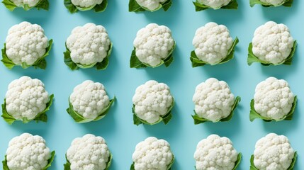 Fototapeta premium Fresh Organic Cauliflower Vegetable Photorealistic Horizontal Seamless Background. Healthy Vegetarian Diet. Ai Generated Seamless Background with Delicious Juicy Cauliflower Arranged in lines.
