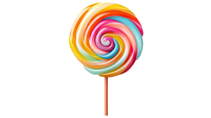 Colorful rainbow lollipop swirl on wooden stick isolated on transparent background