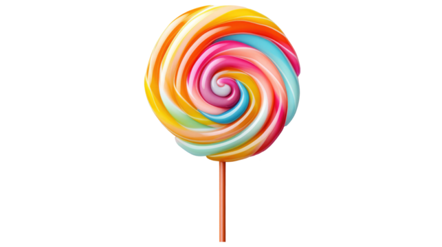 Colorful rainbow lollipop swirl on wooden stick isolated on transparent background