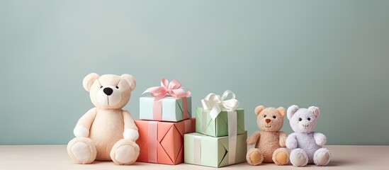 Baby-themed cubes containing plush toys and presents.