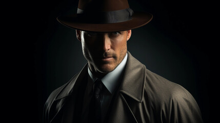 Classic film noir style portrait, detective in a fedora, trench coat collar upturned, moody lighting