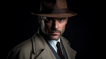 Classic film noir style portrait, detective in a fedora, trench coat collar upturned, moody lighting