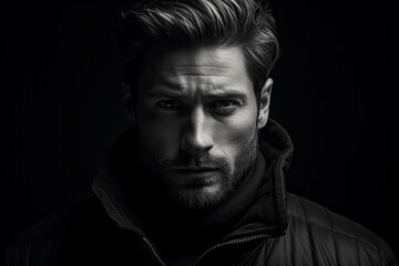 Fototapeta premium portrait of a male with rugged features, sharp contrast, high texture detail, black turtleneck