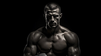 Fototapeta na wymiar boxer before a fight, intense focus, sweat beads, muscular definition