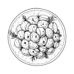 Boiled potatoes with dill on a plate sketch. Hand drawn vector illustration. Top view.