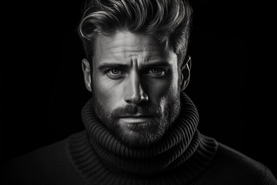 Portrait Of A Male With Rugged Features, Sharp Contrast, High Texture Detail, Black Turtleneck