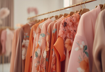 Clothes hang on a shelf in a designer clothes store. Rack with classic women's fashion clothes. Clothing retails concept. Advertise, sale, fashion. Peach fuzz - color of the year 2024 - Powered by Adobe
