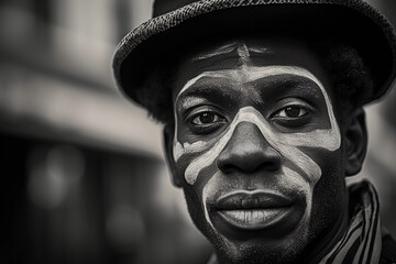 street performer, textured face paint, expressive eyes, urban backdrop