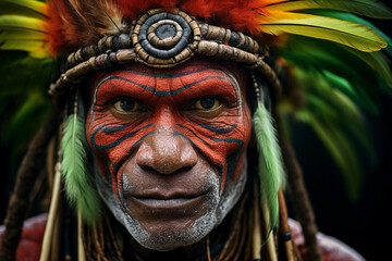 Portrait of a Huli wigman from Papua New Guinea, traditional face paint and headdress, intense...