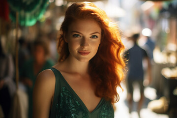 woman with auburn hair, sparkling green eyes, wearing a jewel-toned turquoise dress