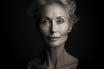 Sculptural monochrome portrait of a mature woman, elegant lines, defined cheekbones