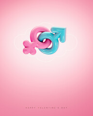 Gender symbols bound together forever. Valentine's Day greeting card design with text on pink background. 3D Rendering, 3D Illustration