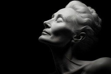 Sculptural monochrome portrait of a mature woman, elegant lines, defined cheekbones