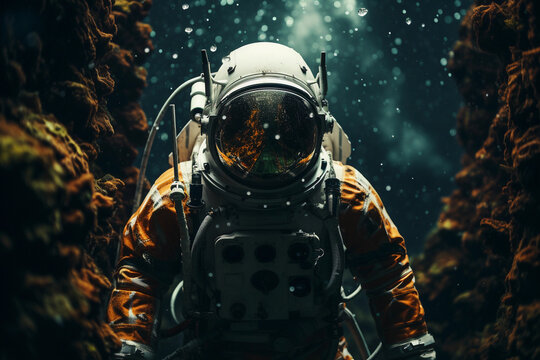 Portrait showcasing the contrast between an astronaut in a spacesuit and a deep-sea diver in diving gear