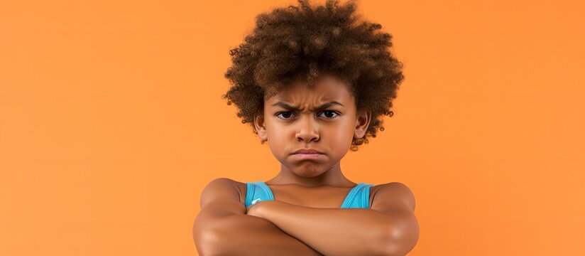 An African American child with curly hair is wearing swimwear while looking skeptical and nervous, with a disapproving expression on their face and crossed arms, giving off a negative vibe.
