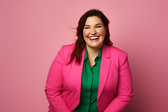 Slightly Overweight Businesswoman Smiling Confidently. Bold And Vibrant Clean Minimalist Studio Portrait, Copy Space.