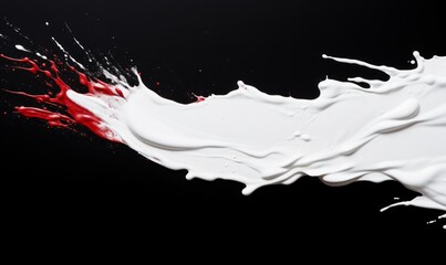 A smear of white paint finished with red on a black background. 