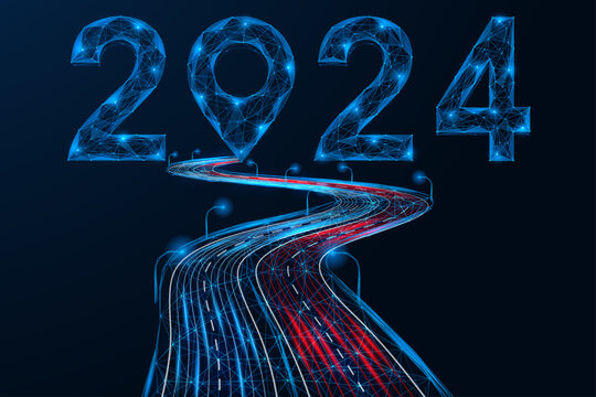 Road to 2024, the location pin at the end of the path. A low-poly design of interconnected elements. Blue background.