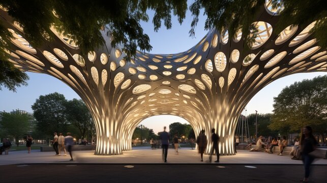 An expansive parametric park pavilion featuring intricate, fractal-inspired patterns, providing both shade and aesthetic appeal