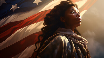 African American woman against the background of the USA flag - obrazy, fototapety, plakaty