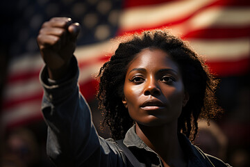African American woman with raised fist against usa flag background - obrazy, fototapety, plakaty
