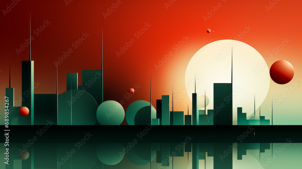 Poster minimalist artistic composition with red spheres on a gradient green background, emphasizing negativ