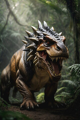 Growling quadrupedal predatory dinosaur in jungle. Carnivorous lizard, terrible reptile with big teeth