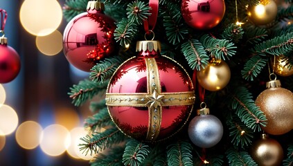 Christmas tree decorated with Christmas balls and Christmas lights