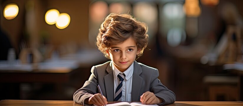 Focused young student studying at a primary international school.
