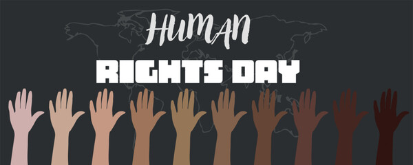 Awareness banner for Human Rights Day with many hands and world map - obrazy, fototapety, plakaty