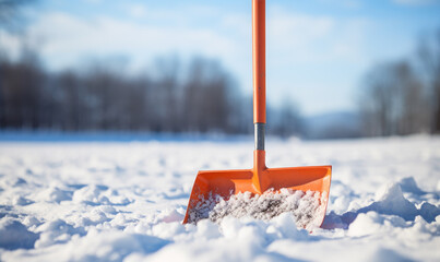 Shovel in the snow, amazing blurred background