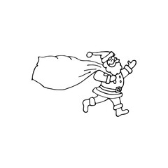 Vector doodle illustration, hand drawn in cartoon style. Black and white linear drawing of Santa Claus with a bag of gifts.