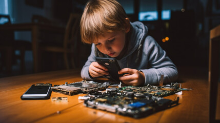 Concentrated Boy Repairing Electronic Motherboard. Focused kid is engaged in repairing an electronic motherboard, showcasing his interest and skills in technology and engineering.