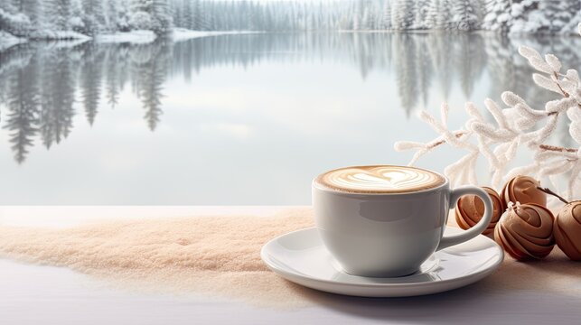 a good morning cappuccino paired with a spruce bouquet in a winter morning setting, modern style, showcasing the warmth and coziness of the winter season.