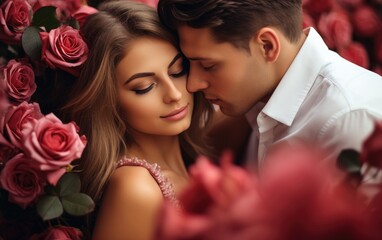 Beautiful elegant couple is kissing, roses everywhere - obrazy, fototapety, plakaty