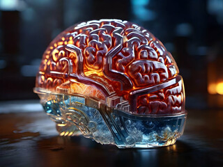 3d  model of human brain with glass texture , red color. Concept of artificial intelligence(ai). Future concept art. Medical concept. Generative ai. 
