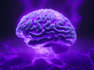 3d model of human brain on violet background. Concept of artificial intelligence(ai). Future concept art. Medical concept. Generative ai. 