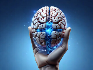 One hand holds the brain on blue background. Concept of artificial intelligence(ai). Future concept art. Medical concept. Generative ai. 