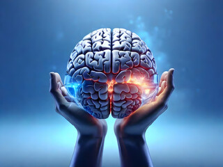 The two hands that spread out in the palm of the hand contained a brain on blue background with a shining light inside.  Concept of artificial intelligence(ai). Medical concept. Generative ai. 