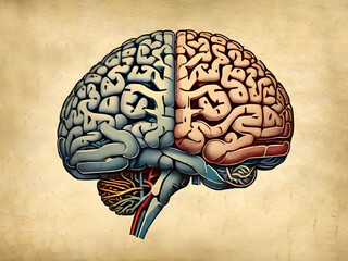 Vintage illusrtation of human brain structure and zones and anatomy. medical concept. generative ai