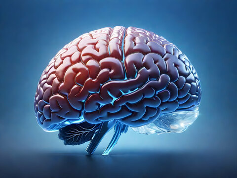 3d  model of human brain with plastic and glass texture on blue background. Concept of artificial intelligence(ai). Future concept art. Medical concept. Generative ai. 