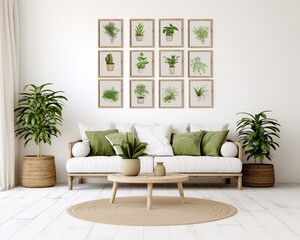 farmhouse interior living room, gallery wall frame mockup in white room with wooden furniture and lots of green plants.