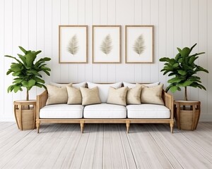 farmhouse interior living room, gallery wall frame mockup in white room with wooden furniture and lots of green plants.